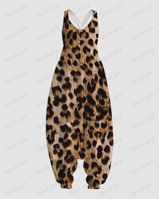 Women's Retro Leopard Print Sleeveless Jumpsuit Harem Pants