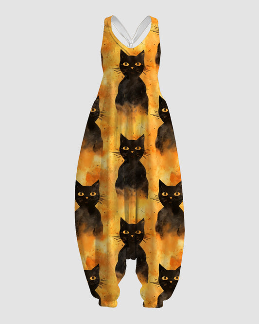 Women's Happy Black Cat Print Sleeveless Jumpsuit Harem Pants