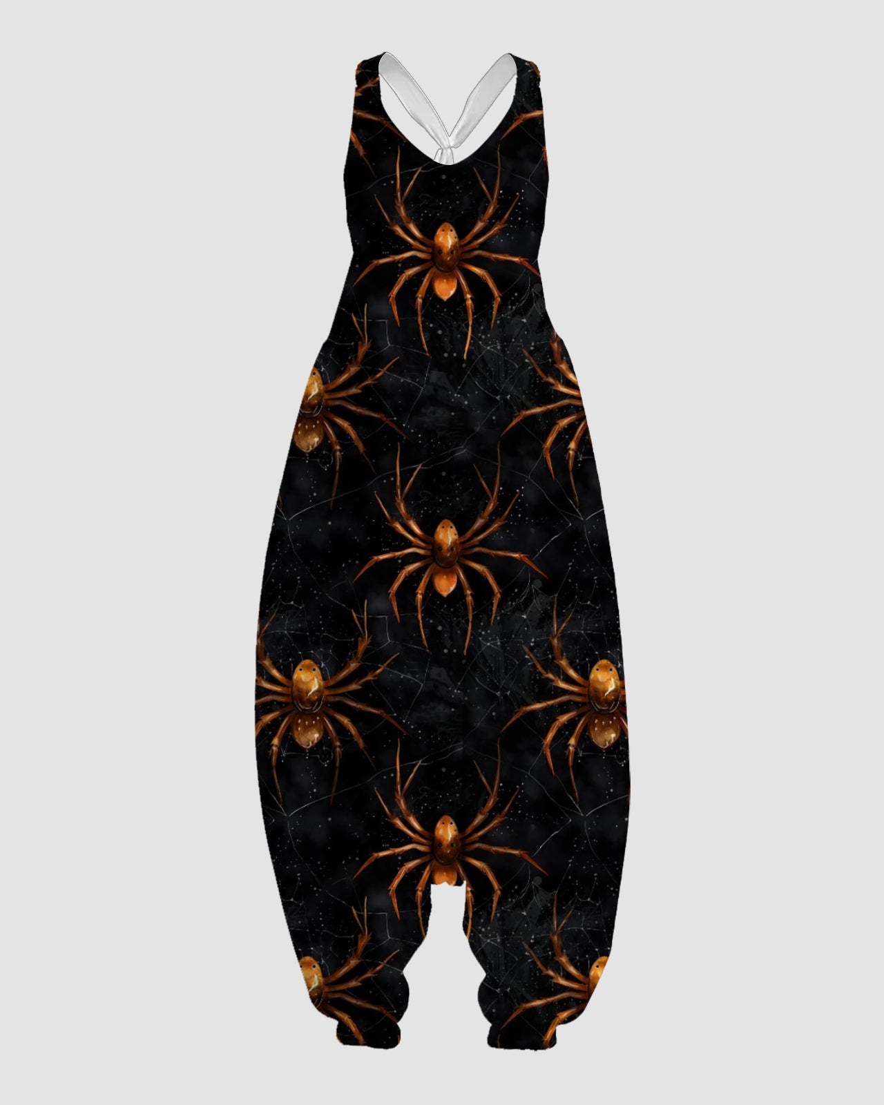 Women's Orange Spider Web Print Sleeveless Jumpsuit Harem Pants