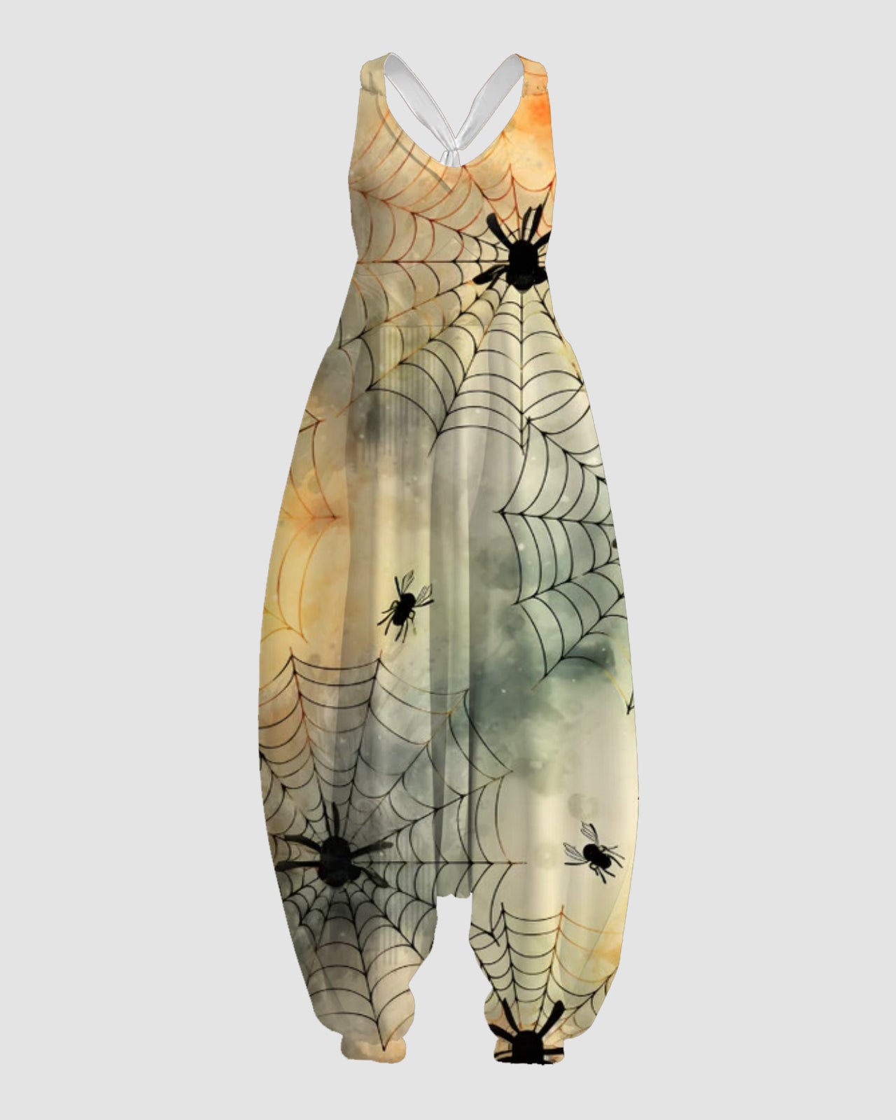 Women's White Spider Web Print Sleeveless Jumpsuit Harem Pants