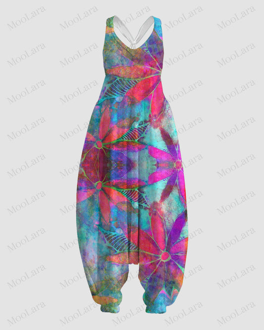 Women's Bright Floral Art Print Sleeveless Jumpsuit Harem Pants