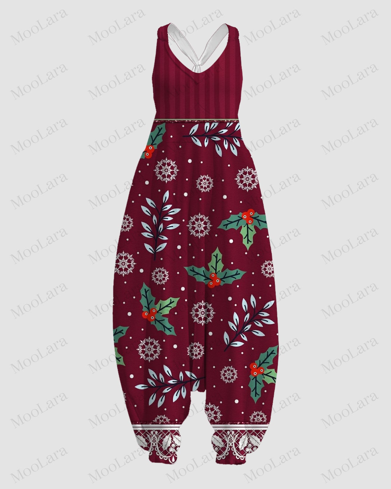 Women's Christmas Holly Snowflake Print Sleeveless Jumpsuit Harem Pants