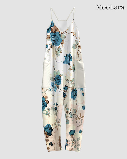 Women's Blue Rose Print Sleeveless Jumpsuit