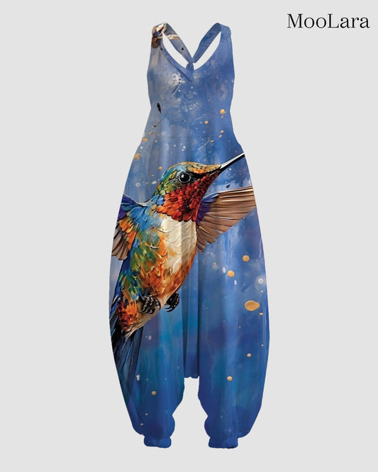 Women's Oil Painting Bird Print Sleeveless Jumpsuit Harem Pants