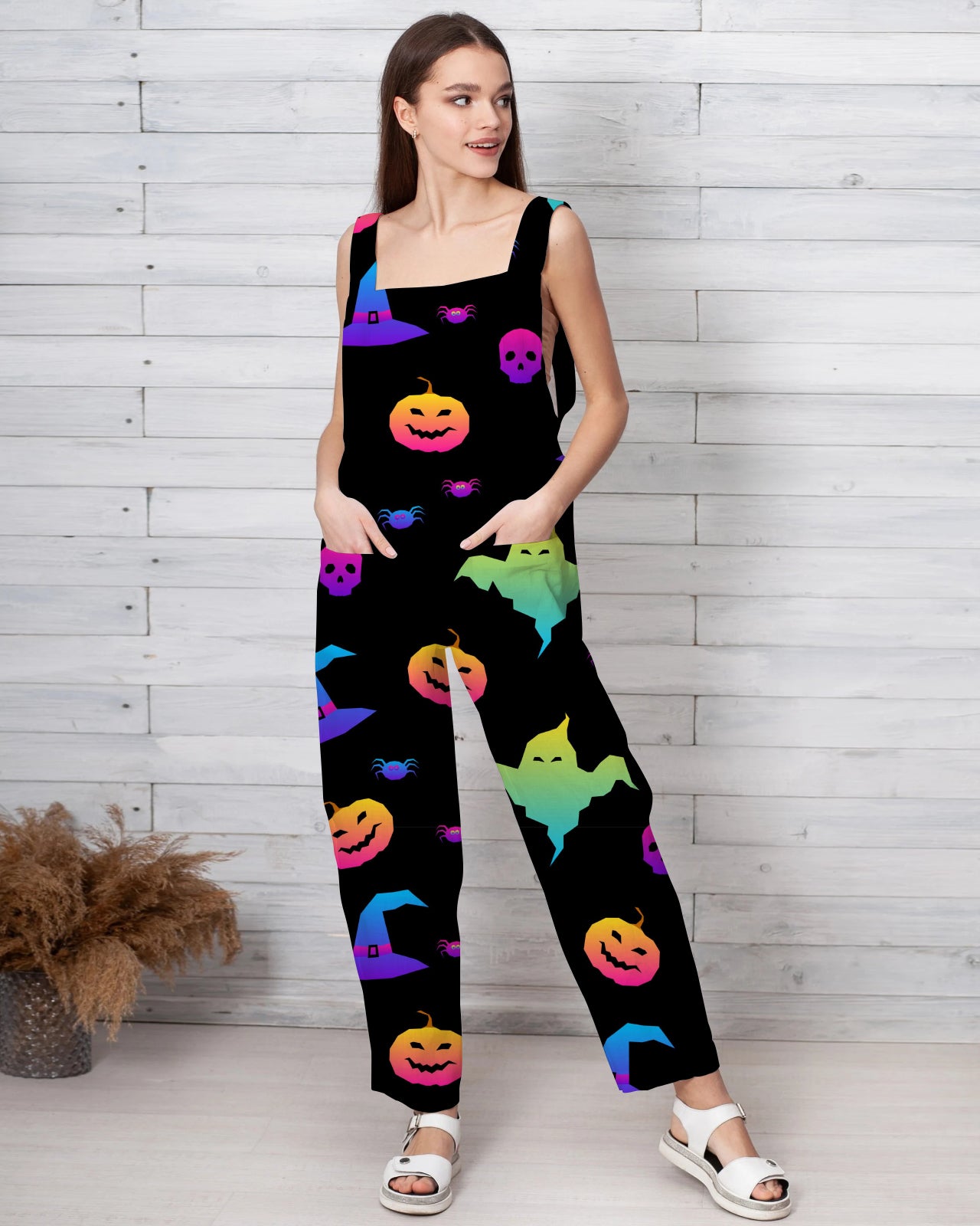 Women's Colorful Halloween Print Loose Cotton and Linen Jumpsuit