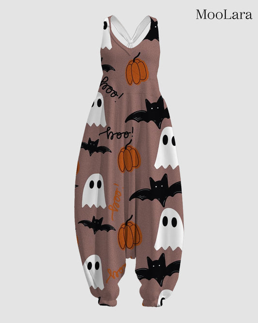 Women's Boo Bat with Ghost Print Sleeveless Jumpsuit Harem Pants