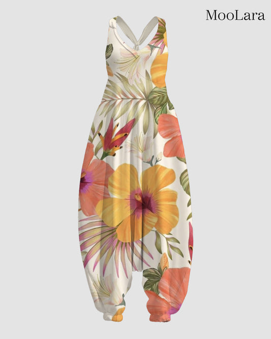 Women's Yellow Flower Print Sleeveless Jumpsuit Harem Pants