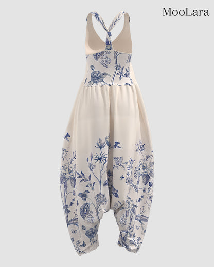 Women's Retro Bird Print Sleeveless Jumpsuit Harem Pants