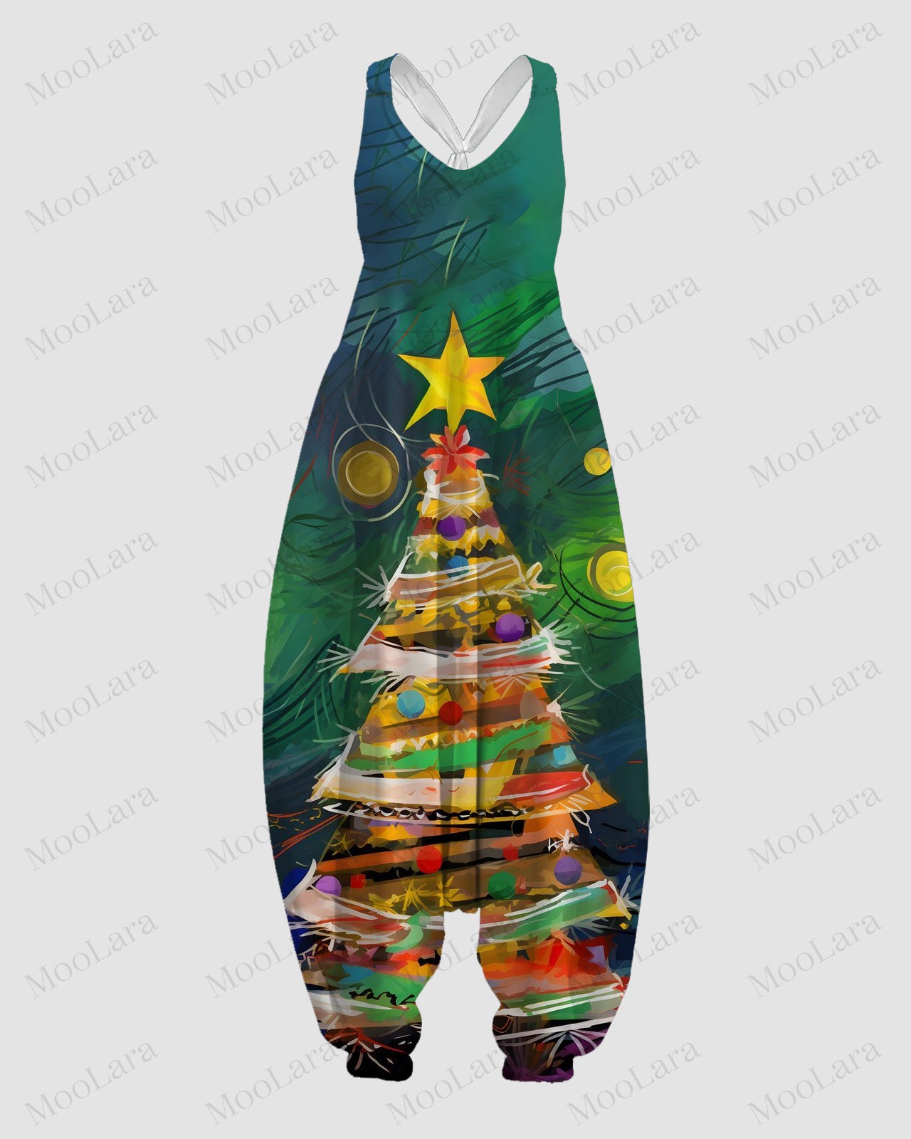 Women's Colorful Christmas Tree Print Sleeveless Jumpsuit Harem Pants