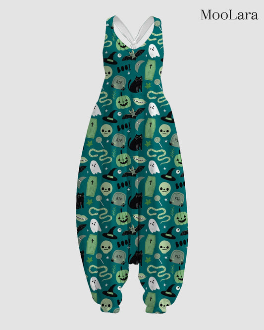 Women's Green Halloween Print Sleeveless Jumpsuit Harem Pants