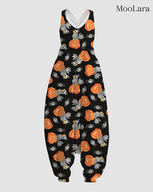 Women's Bird & Pumpkin Print Sleeveless Jumpsuit Harem Pants