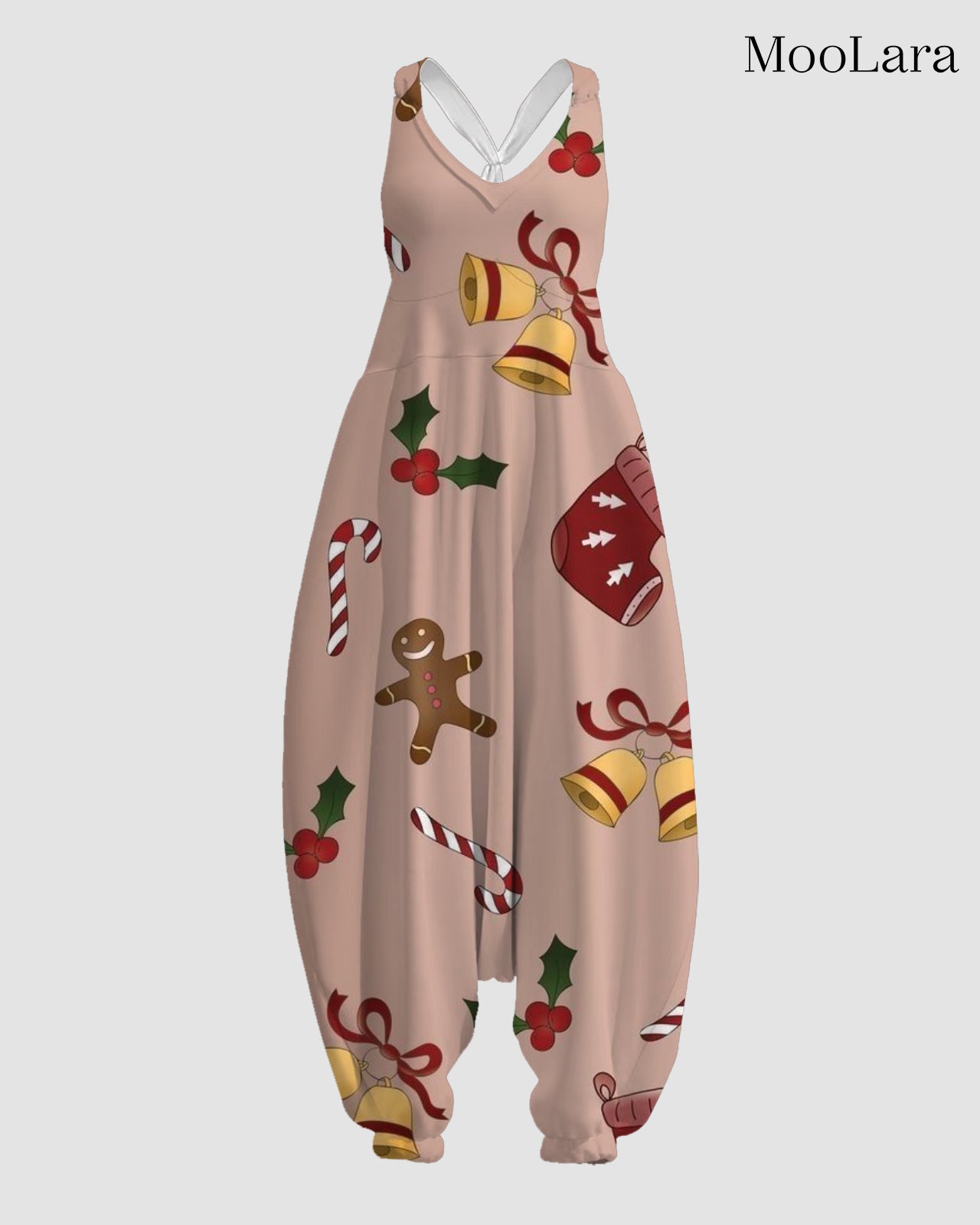 Women's Gingerbread Man and Bells Print Sleeveless Jumpsuit Harem Pants