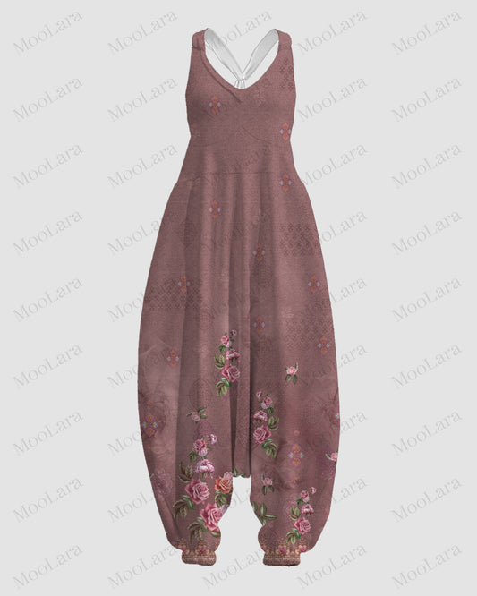 Women's Flower Pattern Print Sleeveless Jumpsuit Harem Pants