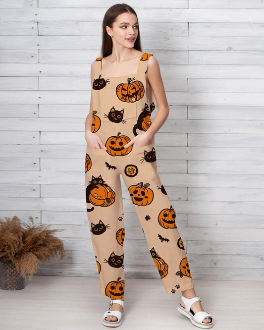 Women's Kitty With Pumpkin Print Loose Cotton and Linen Jumpsuit