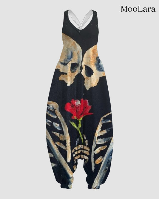 Women's Skeleton Lovers Print Sleeveless Jumpsuit Harem Pants