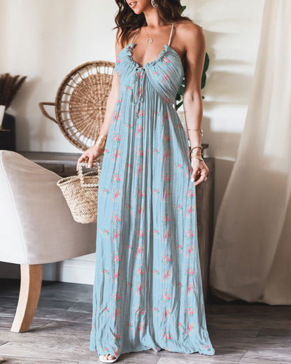 Pleated U-neck Sexy Halter-neck Maxi Dress