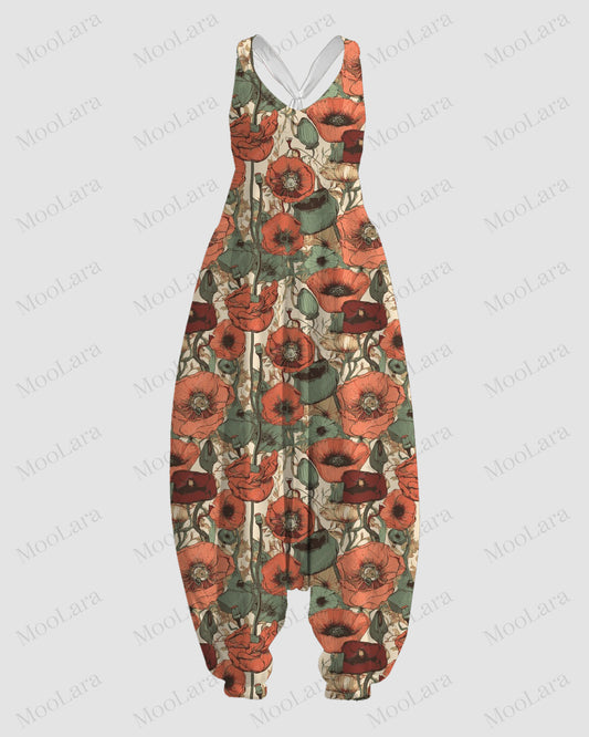 Women's Elegant Flowers Art Print Sleeveless Jumpsuit Harem Pants