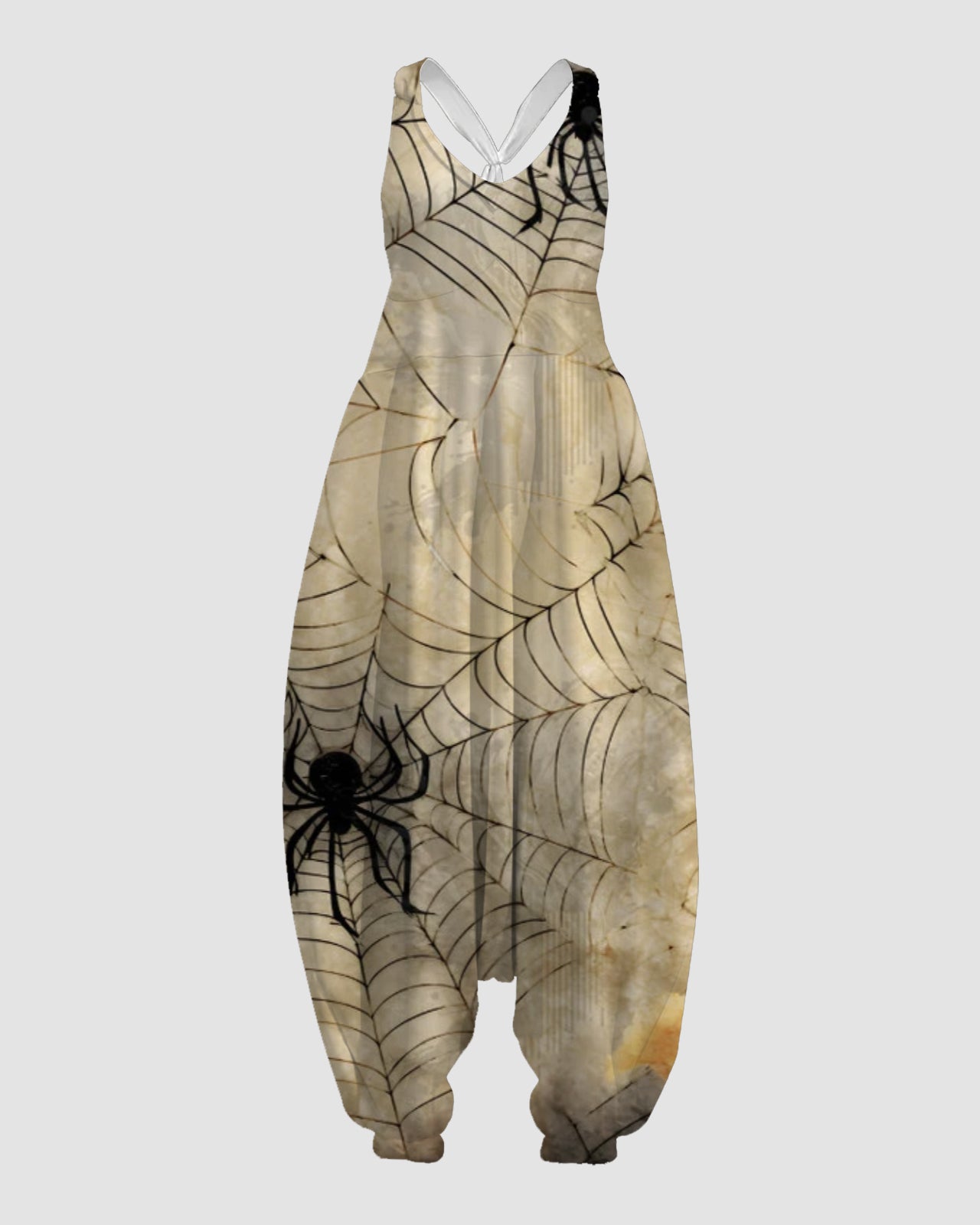 Women's White Spider Web Print Sleeveless Jumpsuit Harem Pants