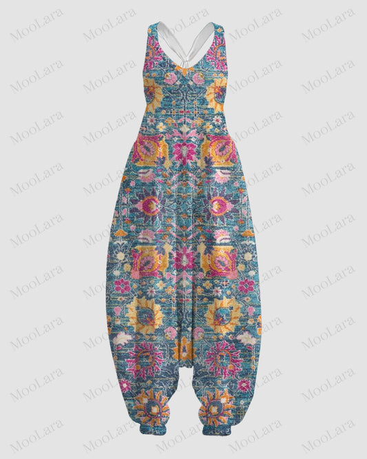 Women's Vintage Ethnic Pattern Print Sleeveless Jumpsuit Harem Pants