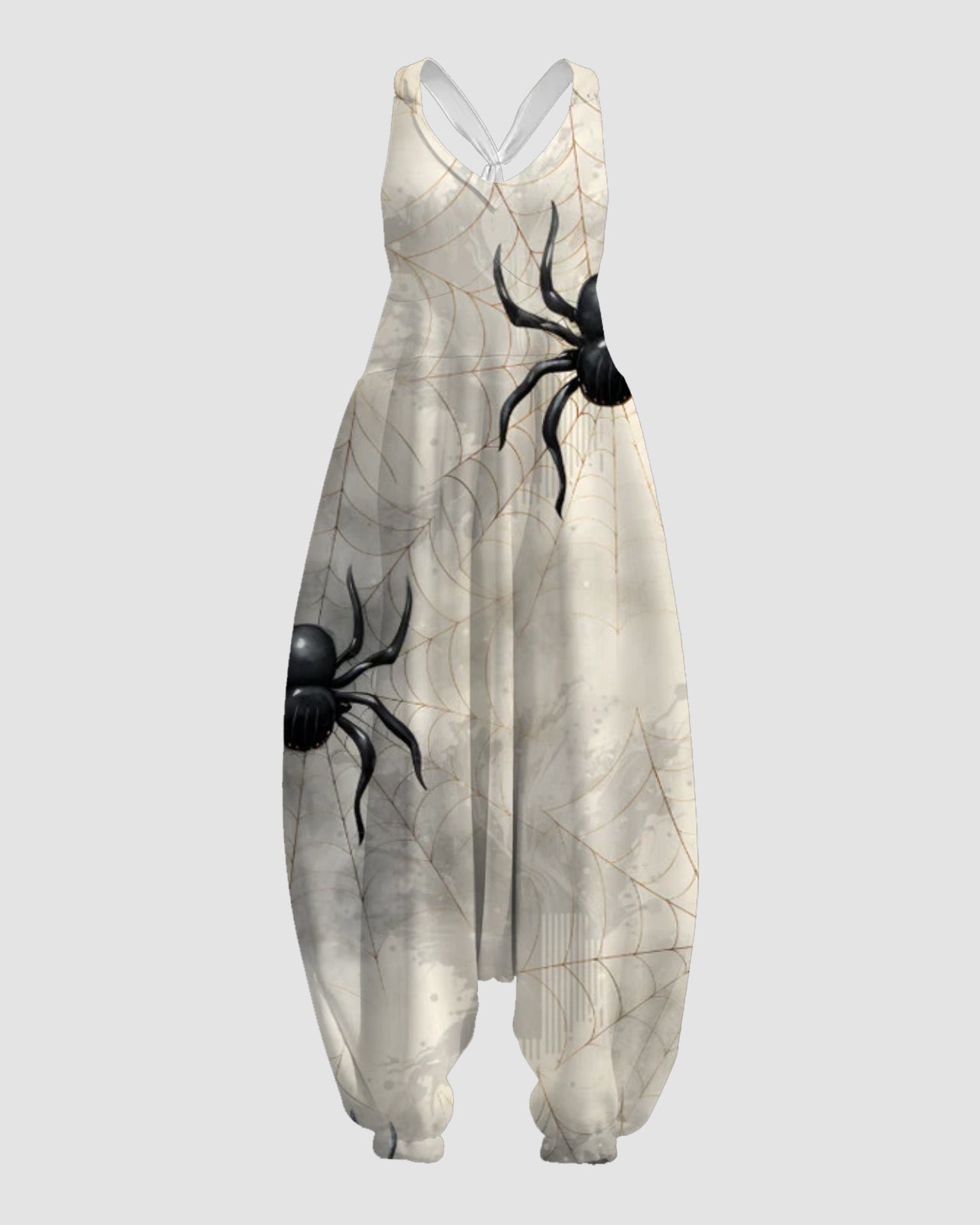 Women's White Spider Web Print Sleeveless Jumpsuit Harem Pants