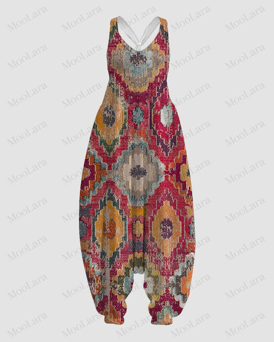 Women's Vintage Ethnic Pattern Print Sleeveless Jumpsuit Harem Pants-3