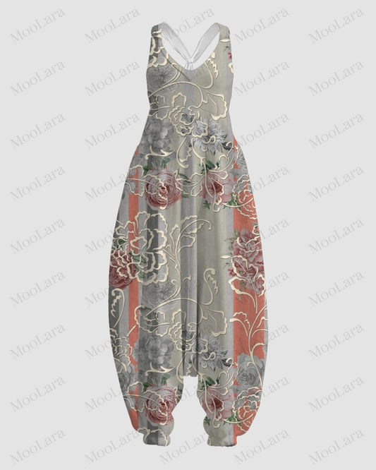 Women's Vintage Floral Art Print Sleeveless Jumpsuit Harem Pants