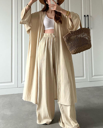 Casual Long Cardigan Slit Two-piece Set