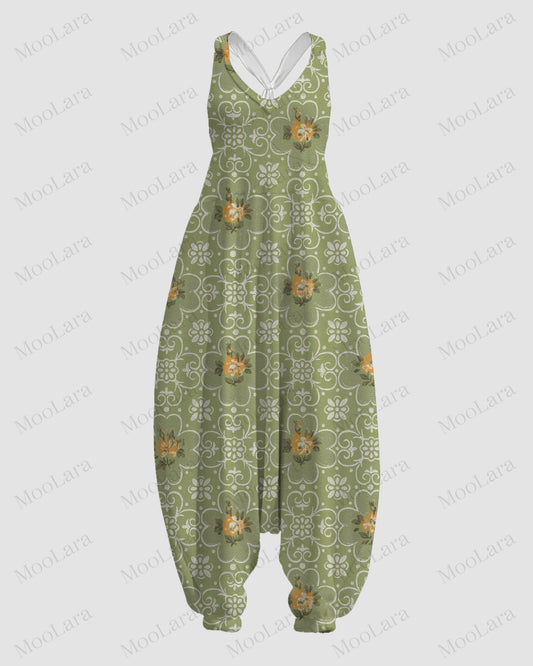 Women's Vintage Floral Art Print Sleeveless Jumpsuit Harem Pants-2