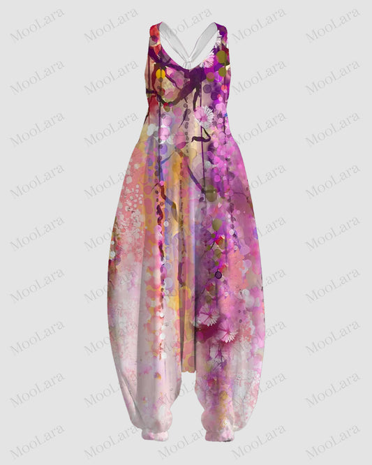 Women's Vintage Floral Art Print Sleeveless Jumpsuit Harem Pants-3