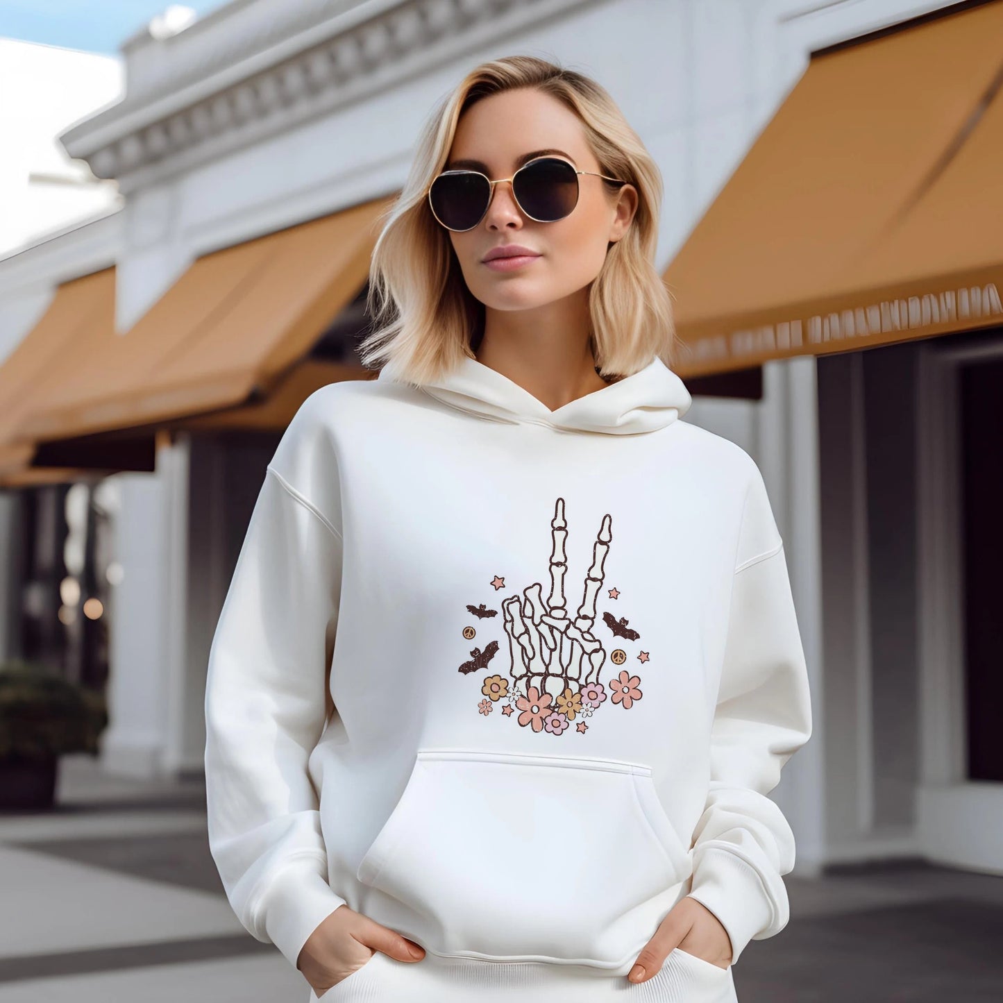 Women's Skeleton Hand with Flowers Print Hoodie