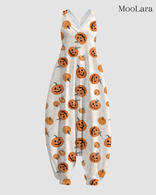 Women's Smiling Pumpkin & Spider Web Print Sleeveless Jumpsuit Harem Pants