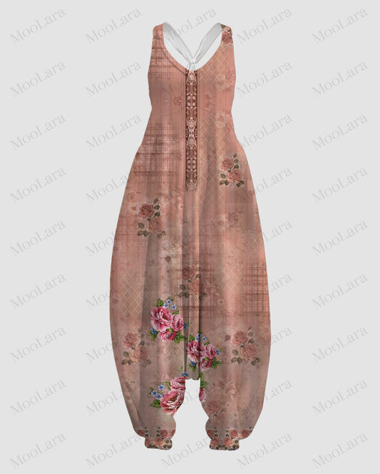 Women's Retro Flower Pattern Print Sleeveless Jumpsuit Harem Pants