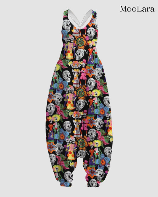 Women's Colorful Skull Print Sleeveless Jumpsuit Harem Pants