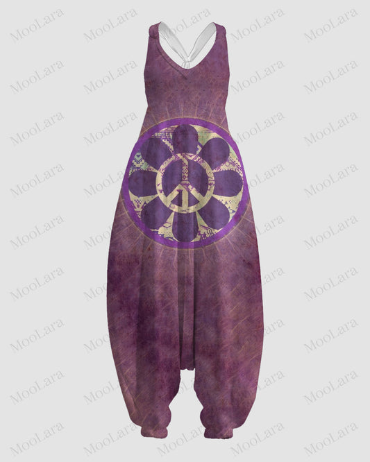 Women's Purple Hippie Pattern Print Sleeveless Jumpsuit Harem Pants