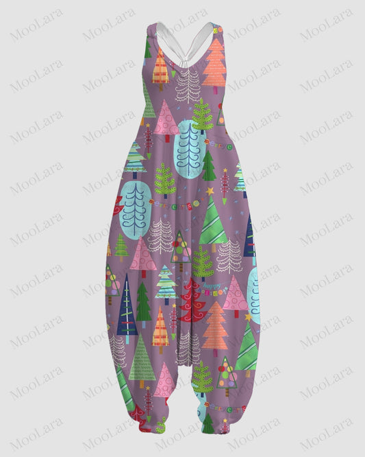 Women's Purple Christmas Tree Print Sleeveless Jumpsuit Harem Pants