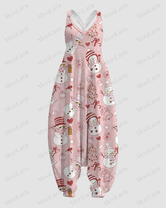 Women's Christmas Snowman & Tree Print Sleeveless Jumpsuit Harem Pants