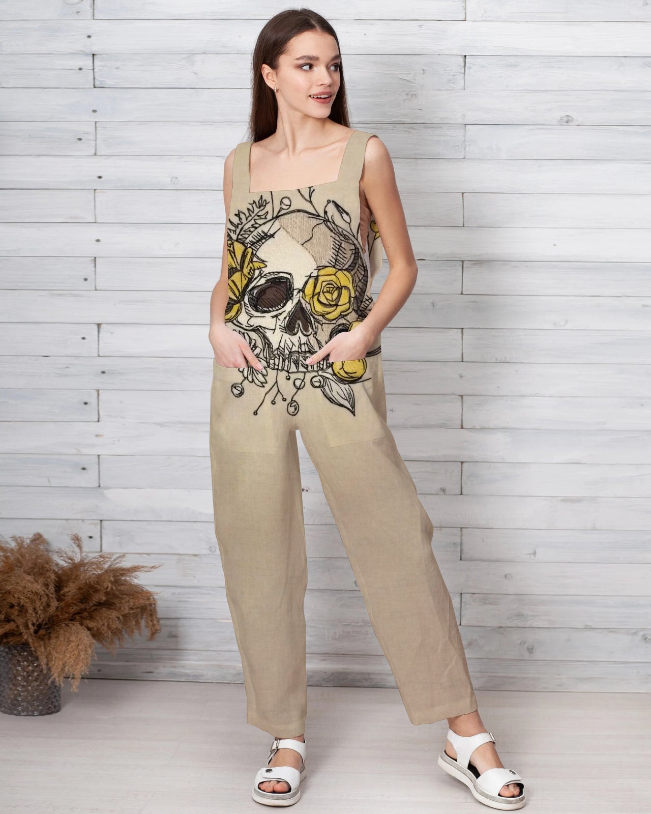 Women's Yellow Rose & Skull Print Loose Cotton and Linen Jumpsuit