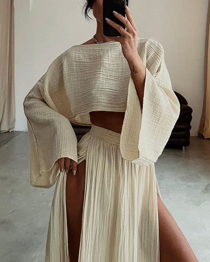 Linen Cropped Top And High Slit Skirt Casual Set