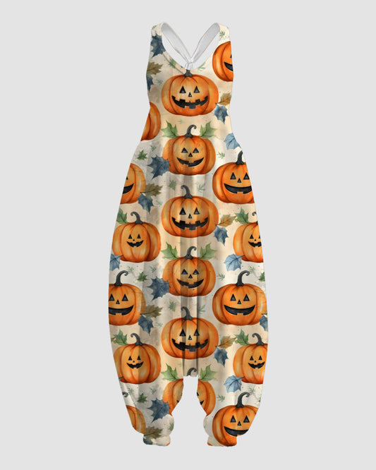 Women's Joyful Pumpkin Print Sleeveless Jumpsuit Harem Pants