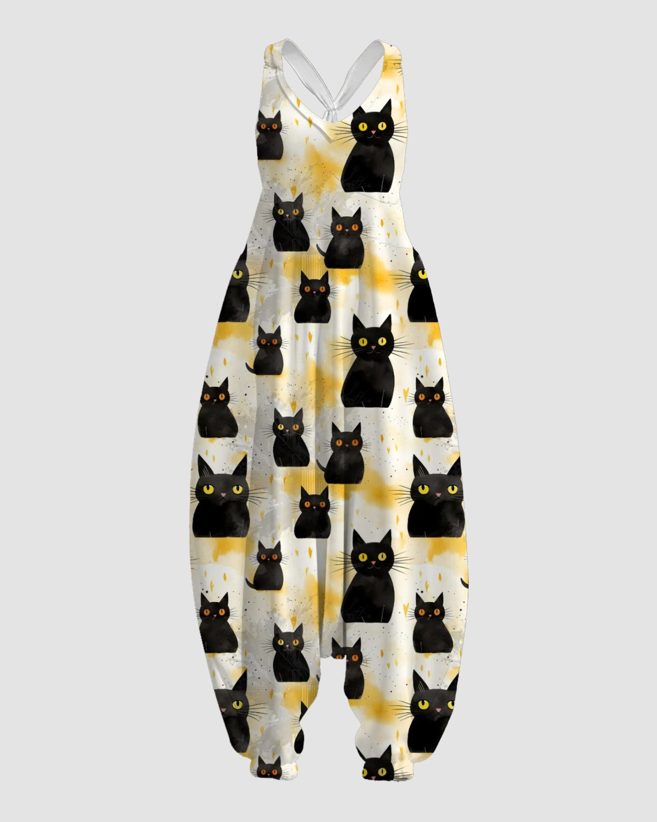 Women's Happy Black Cat Print Sleeveless Jumpsuit Harem Pants