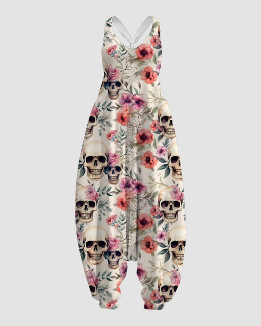 Women's Skull with flowers Print Sleeveless Jumpsuit Harem Pants