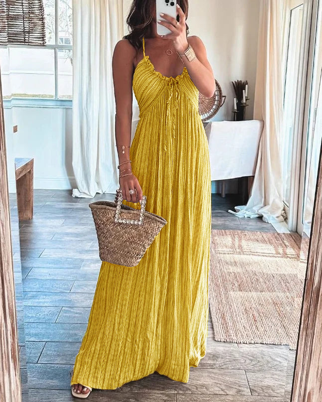 Pleated U-neck Sexy Halter-neck Maxi Dress