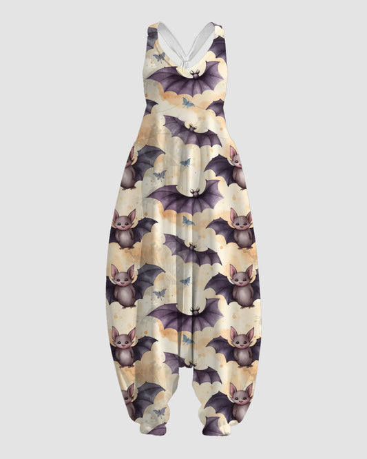 Women's Cute Purple Bat Print Sleeveless Jumpsuit Harem Pants