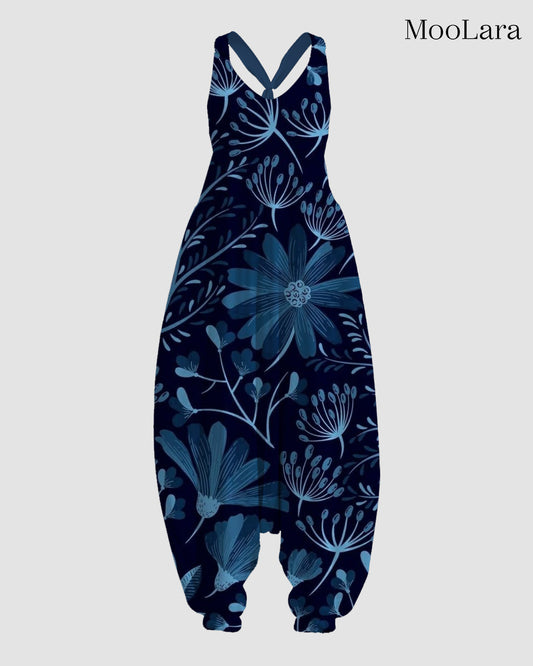 Women's Blue Flower Sleeveless Jumpsuit Harem Pants