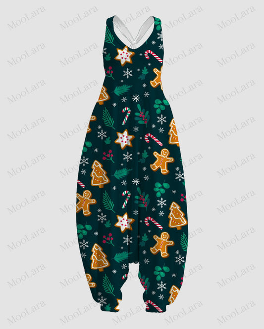 Women's Colorful Gingerbread Candy Cane Snowflake Print Sleeveless Jumpsuit Harem Pants