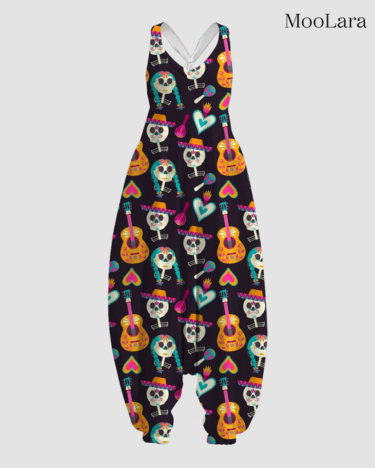 Women's Mariachi Skull Print Sleeveless Jumpsuit Harem Pants