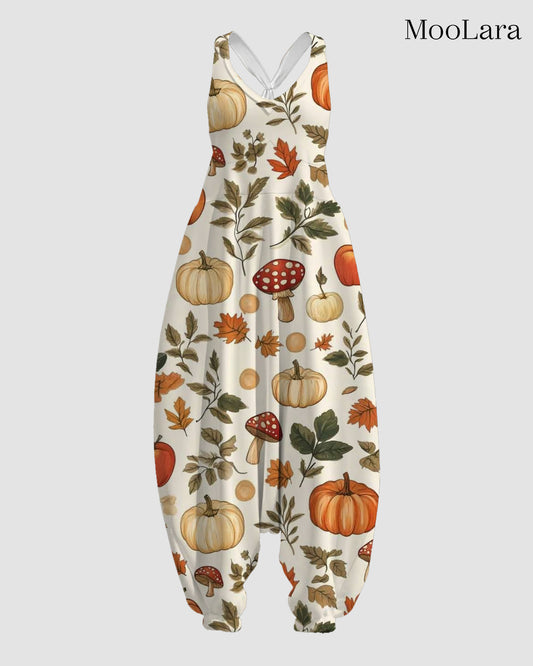 Women's Mushrooms & Fallen Leaves Print Sleeveless Jumpsuit Harem Pants