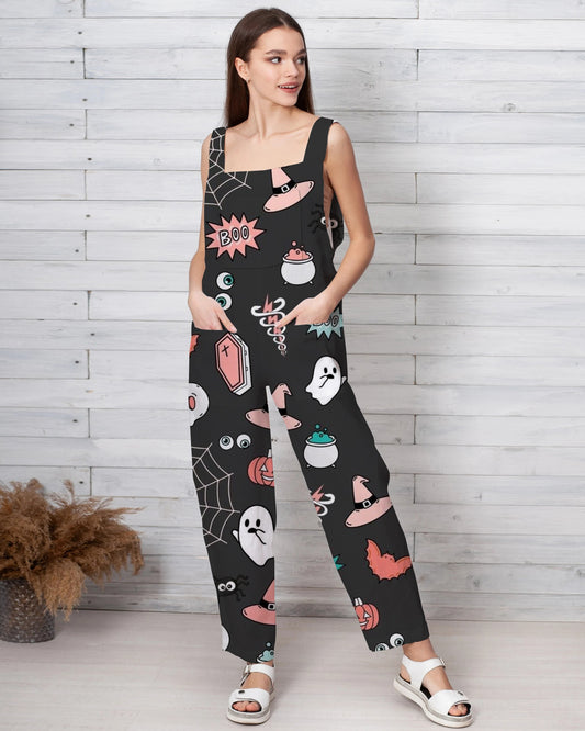 Women's Cute Halloween Pattern Print Loose Cotton and Linen Jumpsuit