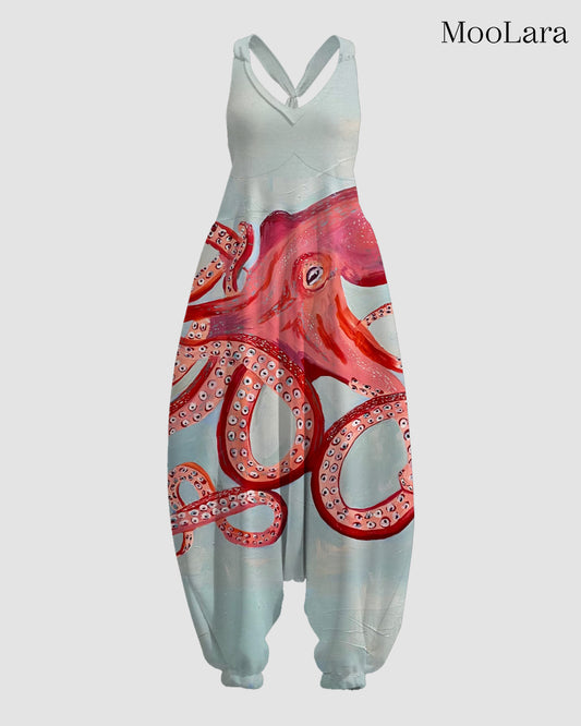 Women's Red Octopus Print Sleeveless Jumpsuit Harem Pants