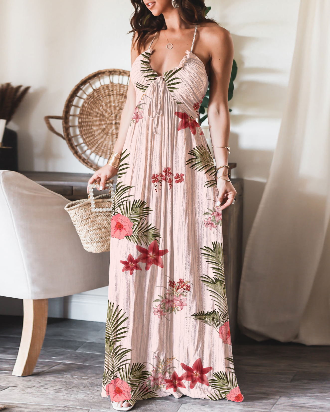 Pleated U-neck Sexy Halter-neck Maxi Dress